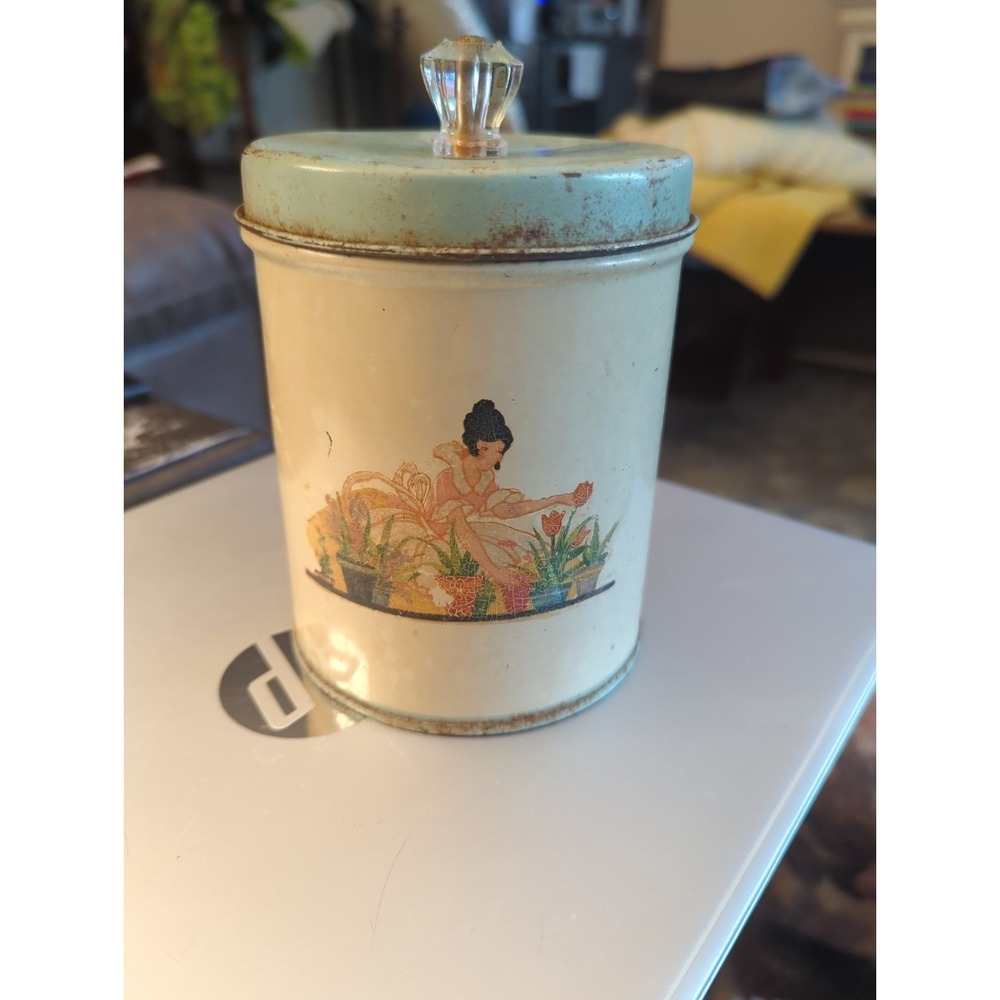 Vintage Canister Metal w/ Decal Sticker of Woman Gardening Tulip Flowers  Shabby